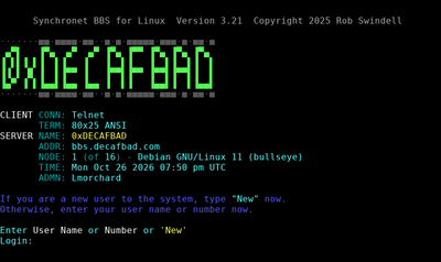 Intro screen of 0xDECAFBAD BBS