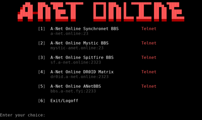 Intro screen of A-Net Online (Menu)