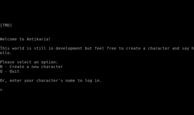 Intro screen of Antikaria MUD