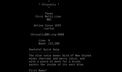 Intro screen of Chrysalis Online Services TBBS BBS